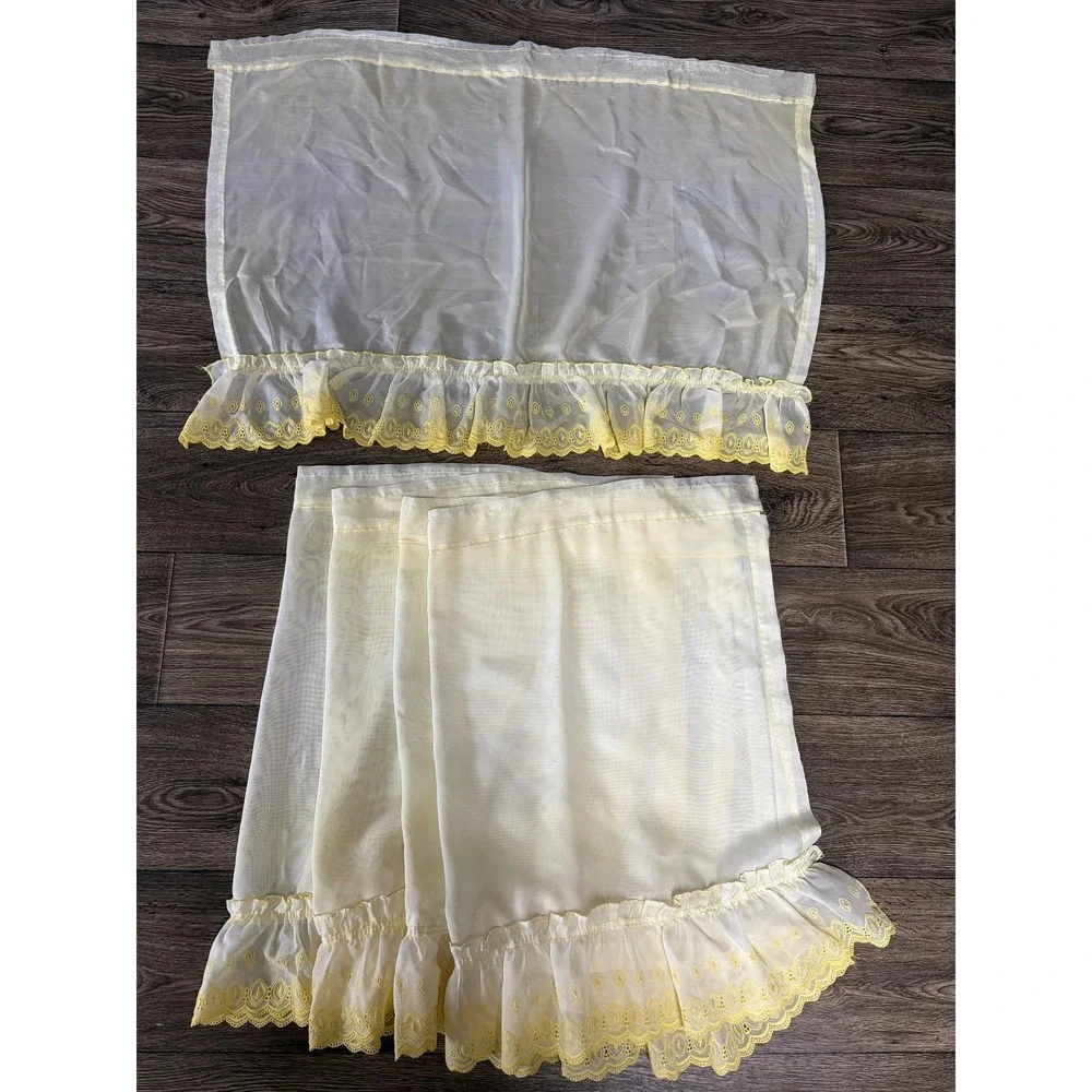 Yellow Ruffled Sheer Window Curtains‎ Set Valances Swags Embroidered Country